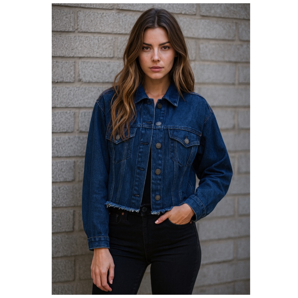 Etienne Marcel Cropped Denim Jacket Dark Blue Frayed Hem Button Front Small Nwt